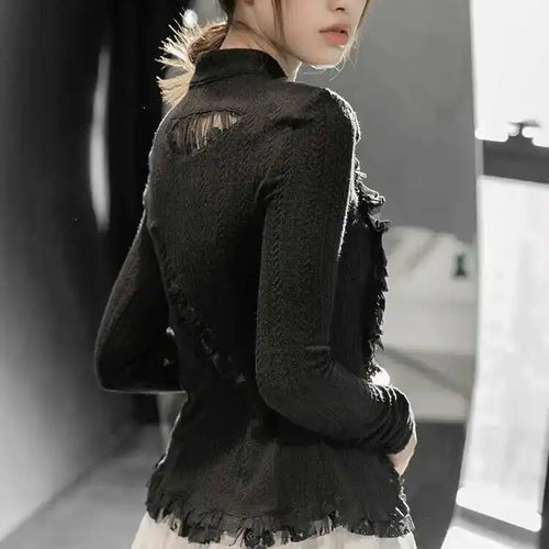 Load image into Gallery viewer, Black Lace Irregular Knitting Cardigan Sweater Stand Collar Long Sleeve Women New Fashion Tide Spring Autumn 2025 1DF5704
