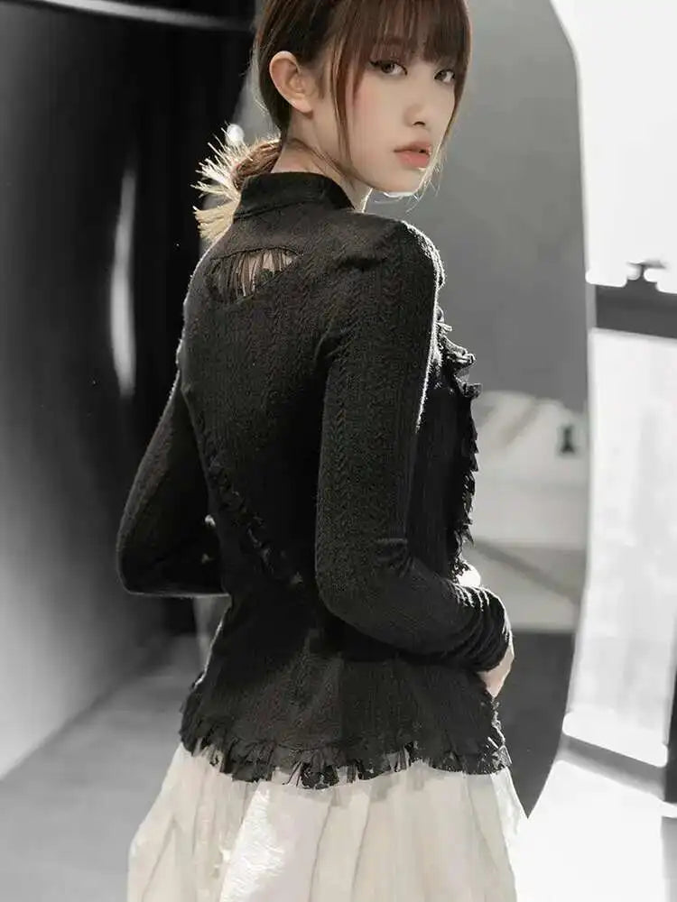 Black Lace Irregular Knitting Cardigan Sweater Stand Collar Long Sleeve Women New Fashion Tide Spring Autumn 2025 1DF5704