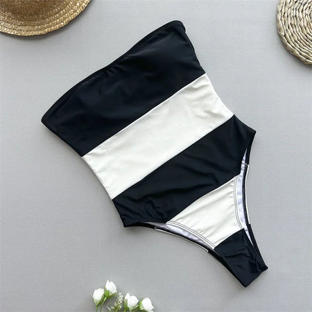 Black White Striped Women One Piece Swimsuit Female Swimwear Strapless Bandeau Monokini Swimming Suit Beachwear