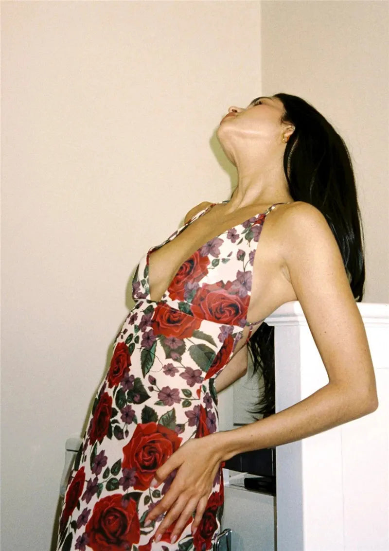 Spaghetti Strap Backless Print Dress For Women Fashion Deep V Neck Sleeveless Lace Up Bodycon Printed Sexy Long Dress