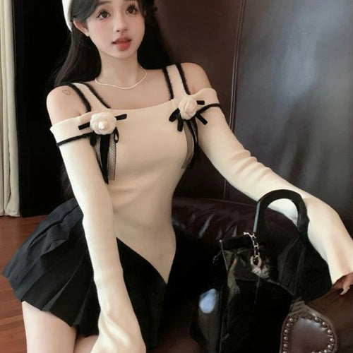 Load image into Gallery viewer, Slash Neck Knitted Y2k Aesthetic Tshirts Streetwear 3D Flower Women Slim Fit Crop Tees Vintage Harajuku Irregular Basic T-shirt
