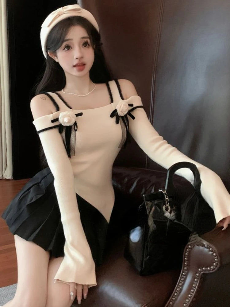 Slash Neck Knitted Y2k Aesthetic Tshirts Streetwear 3D Flower Women Slim Fit Crop Tees Vintage Harajuku Irregular Basic T-shirt