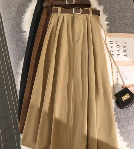 Retro Corduroy Black Pleated Umbrella Skirts For Women Autumn Winter Fashion Korean Streetwear Harajuku Brown Long Skirt Elegan