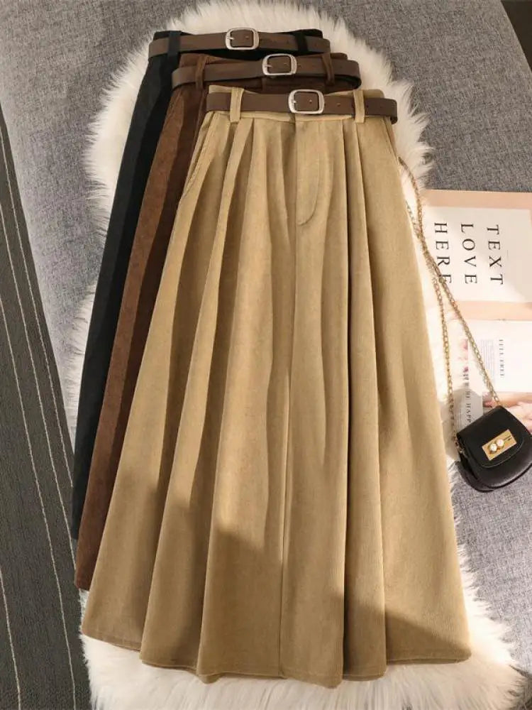 Retro Corduroy Black Pleated Umbrella Skirts For Women Autumn Winter Fashion Korean Streetwear Harajuku Brown Long Skirt Elegan