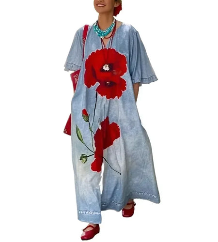 Loose Flower Print Maxi Dress for Woman Not Denim Vintage Half Sleeves V-neck Women's Summer Casual Vacation Long Dress