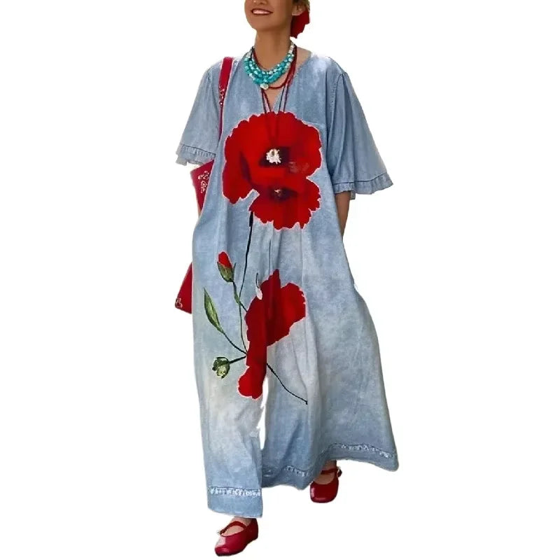 Loose Flower Print Maxi Dress for Woman Not Denim Vintage Half Sleeves V-neck Women's Summer Casual Vacation Long Dress