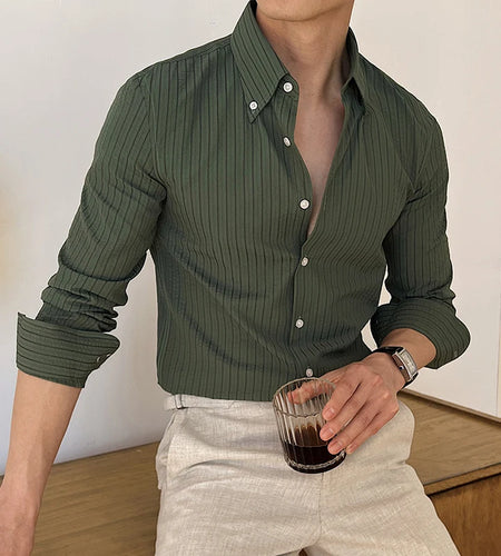 Men's Shirts Long Sleeve Striped Design Lapel Trendy Single Breasted Handsome Male Casual Clothing Summer 9W1876