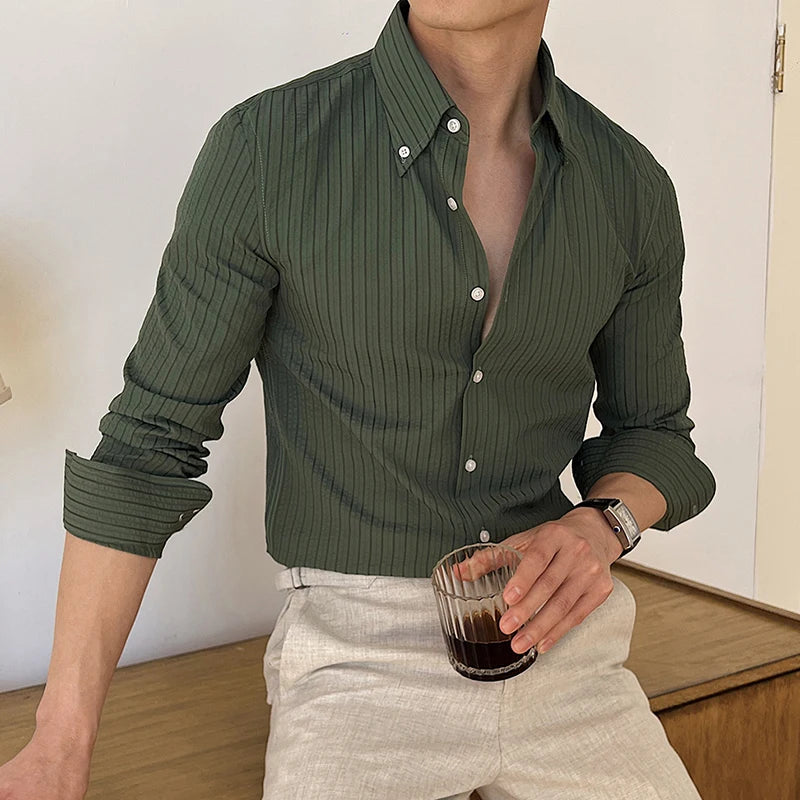Men's Shirts Long Sleeve Striped Design Lapel Trendy Single Breasted Handsome Male Casual Clothing Summer 9W1876