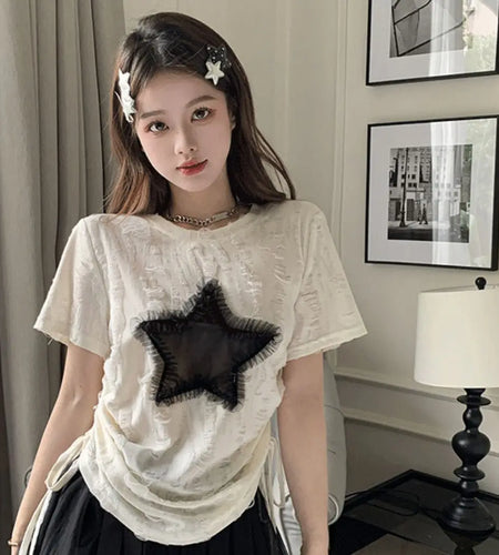 Summer Shirts for Women Star Short Sleeve Y2k T Shirts 2024 Ropa Mujer Vintage Casual Korean Tees Sweet Drawstring Chic T-shirt
