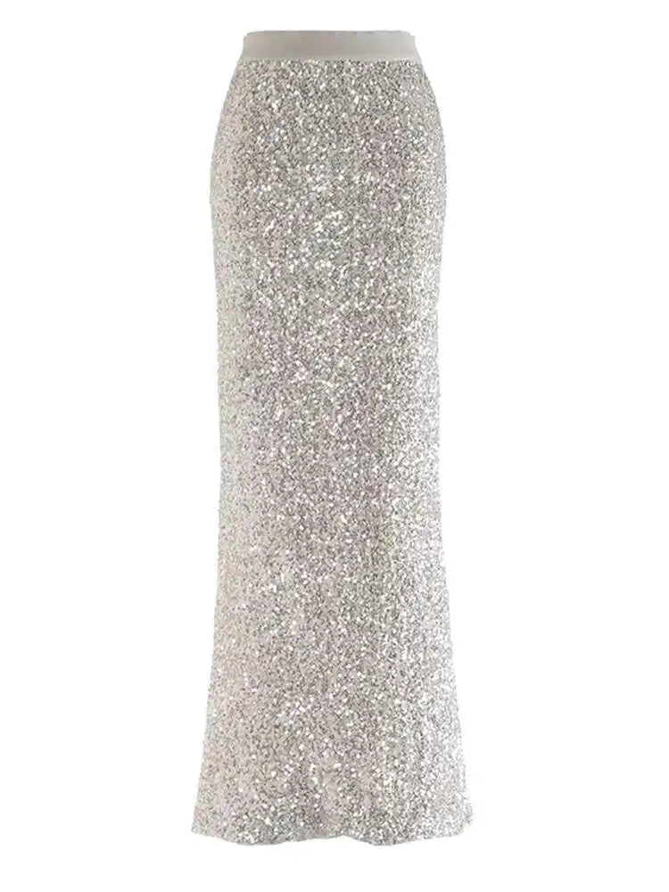 High Elastic Waist Khaki Sequins Elegant Long Party Half-body Skirt Women Fashion Tide New Spring Autumn 2025 1DH9406