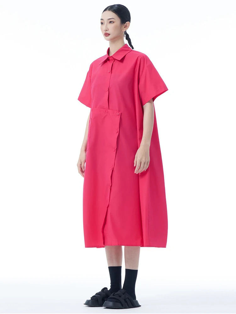 Women Black Irregular Button Big Size Midi Shirt Dress New Lapel Short Sleeve Fashion Tide Spring Summer 2025 1DJ0954