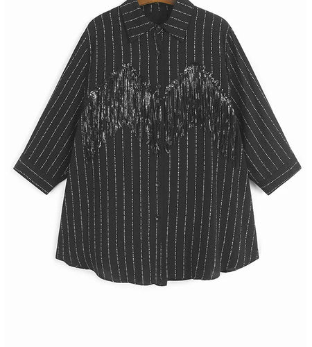 Tassels Striped Shirt Wide Leg Shorts Two Piece Suit New Lapel Long Sleeve Women Fashion Tide Spring Autumn 2025 1DJ1226