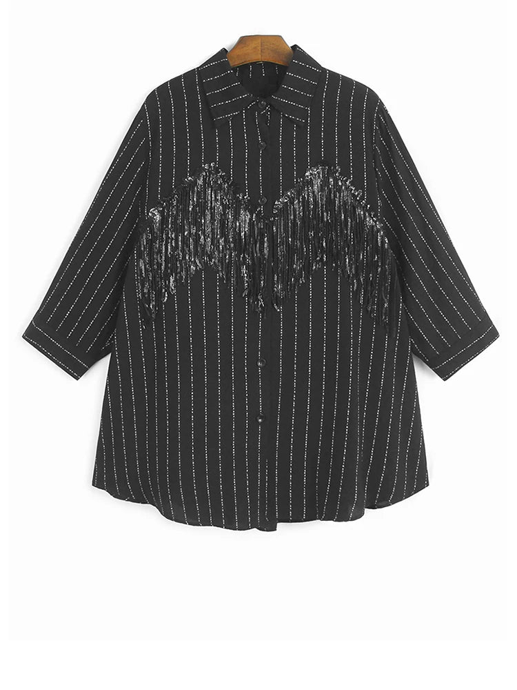 Tassels Striped Shirt Wide Leg Shorts Two Piece Suit New Lapel Long Sleeve Women Fashion Tide Spring Autumn 2025 1DJ1226