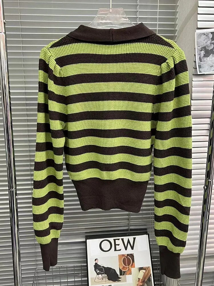 Striped Colorblock Sweater For Women Peter Pan Collar Long Sleeve Knitting Casual Pullovers Female Clothing Fashion