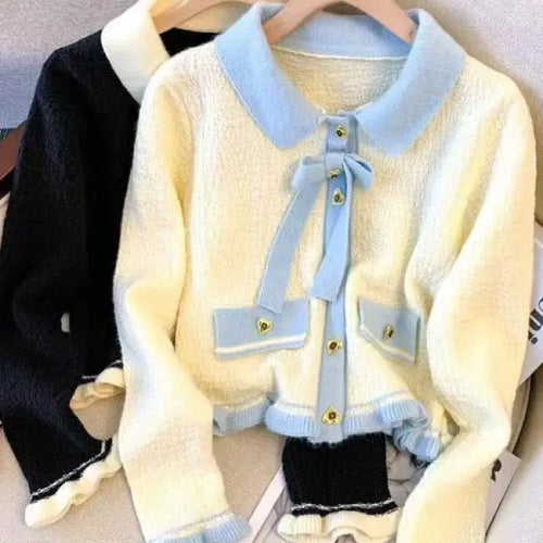 Load image into Gallery viewer, Autumn Winter Black Beige Patchwork Long Sleeves Knitted Sweater French Fashion Women's Elegant Single Breasted Bow Tops Vintage
