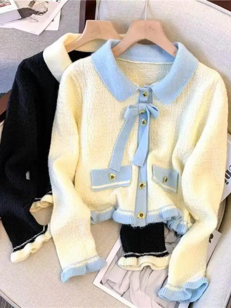 Autumn Winter Black Beige Patchwork Long Sleeves Knitted Sweater French Fashion Women's Elegant Single Breasted Bow Tops Vintage