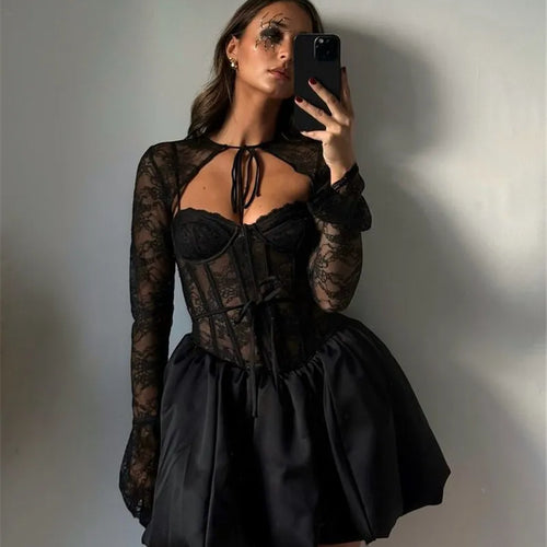 Load image into Gallery viewer, Black Lace Puffball Sexy Mini Dress For Women Fashion Lace-up Sheer Long Flare Sleeve High Waist Club Party Dress
