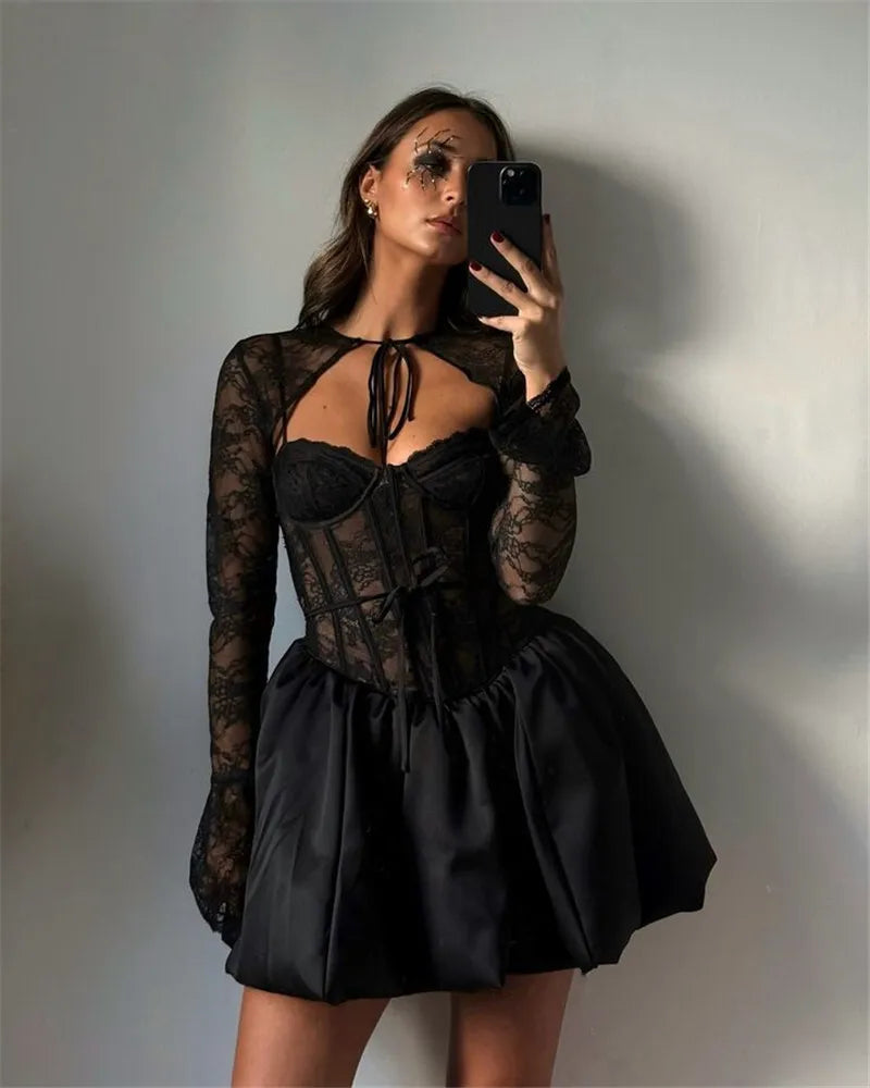 Black Lace Puffball Sexy Mini Dress For Women Fashion Lace-up Sheer Long Flare Sleeve High Waist Club Party Dress