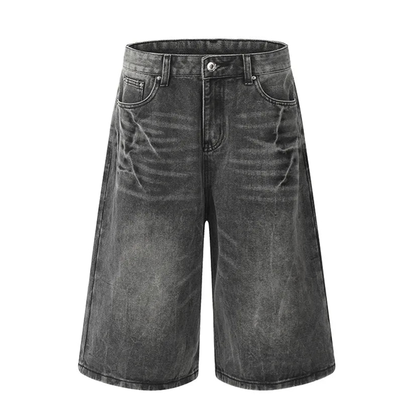 Wide Leg Men's Short Jeans American Washed Lightning Pattern Male Denim Shorts Loose Chic Men Bottoms Summer 9W1474