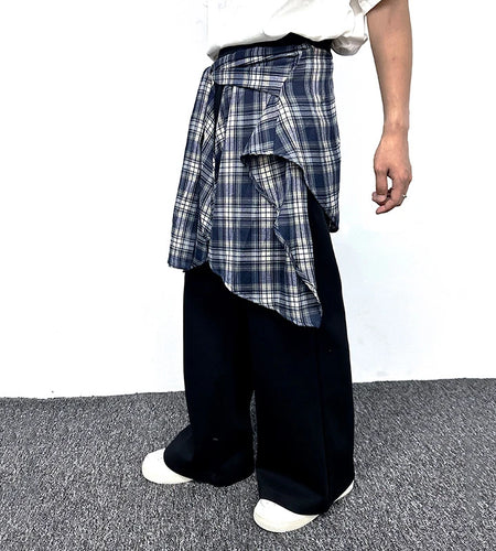American Style Male Sweatpants High Street Fake Two-piece Spliced Plaid Peplum Design Solid Color Men's Pants 9W1857