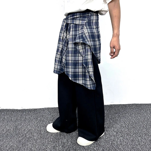Load image into Gallery viewer, American Style Male Sweatpants High Street Fake Two-piece Spliced Plaid Peplum Design Solid Color Men's Pants 9W1857
