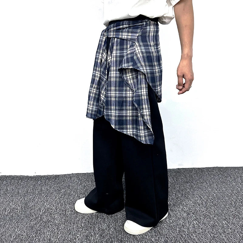 American Style Male Sweatpants High Street Fake Two-piece Spliced Plaid Peplum Design Solid Color Men's Pants 9W1857