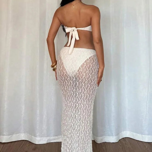 Load image into Gallery viewer, Strapless Sexy Tops And Skirt 2 Pieces Sets Wome Lace Sleeveless Crop Tops And See Through Long Skirt Two Pieces Sets
