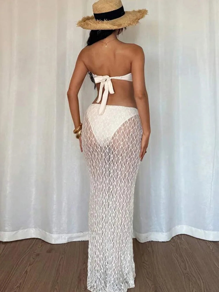 Strapless Sexy Tops And Skirt 2 Pieces Sets Wome Lace Sleeveless Crop Tops And See Through Long Skirt Two Pieces Sets