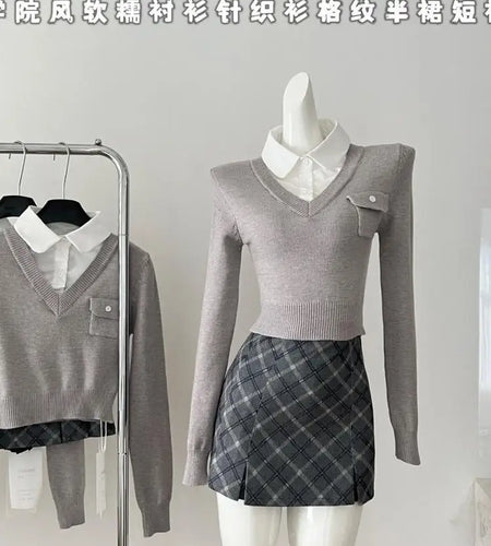 Autumn Winter Fashion Women Grey Patchwork Button Long Sleeved Knitted Tops And High Waist Plaid Short Skirt Two Pieces Set Chic