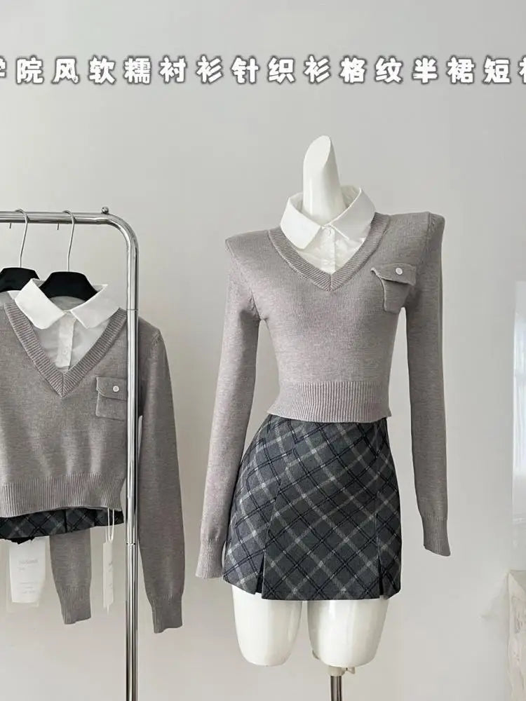 Autumn Winter Fashion Women Grey Patchwork Button Long Sleeved Knitted Tops And High Waist Plaid Short Skirt Two Pieces Set Chic