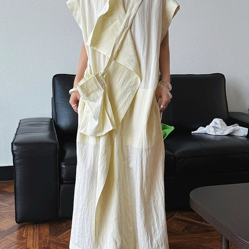 Load image into Gallery viewer, Women  Beige Ruffles Big Size Elelgant Long Dress New Stand Collar Short Sleeve Fashion Tide Spring Summer 2025 1DJ1406
