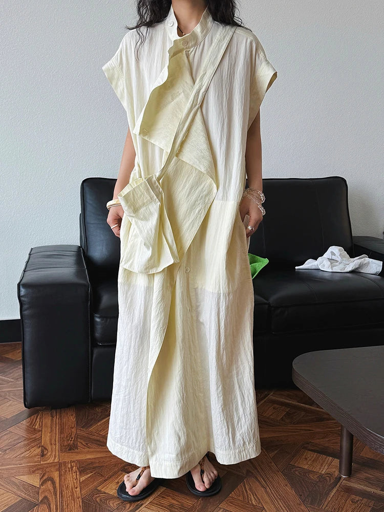 Women  Beige Ruffles Big Size Elelgant Long Dress New Stand Collar Short Sleeve Fashion Tide Spring Summer 2025 1DJ1406