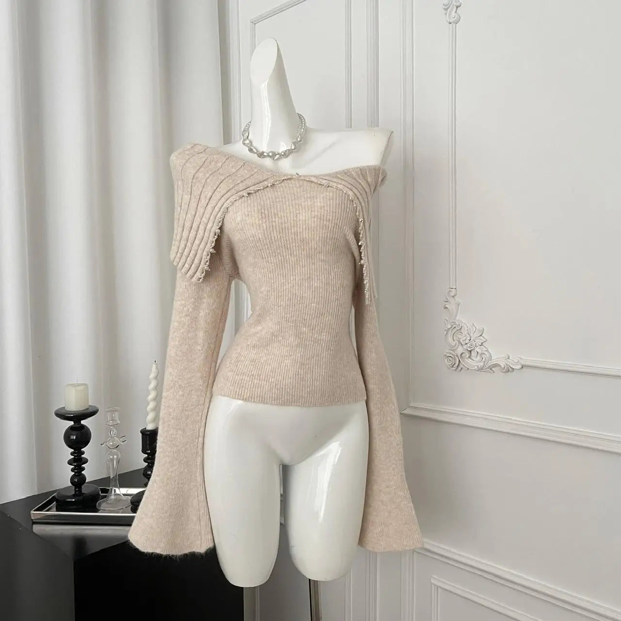 Korean Fashion Khaki Long Sleeve Versatile Sweater Women Autumn Winter Elegant Off Shoulder Pearl Knit Cotton Tops Popular Trend