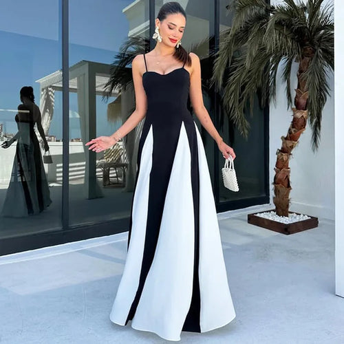 Load image into Gallery viewer, Patchwork Spaghetti Strap Maxi Dress For Women Color Contrast Slipdress Ladies Sleeveless Backless Loose Long Dress
