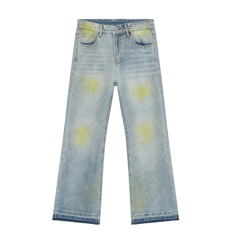 High Street Men's Jeans New American Style Vintage Tie Dye Design Micro Flared Male Washed Denim Jeans Summer 9W1841