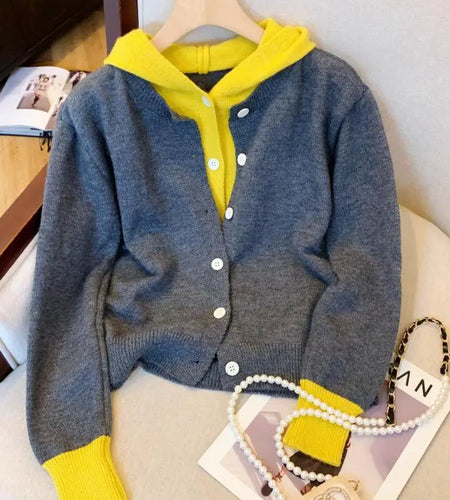 Korean Style Women's Patchwork Elegant Long Sleeve Knitted Tops Autumn Winter Vintage Single Breasted Hooded Sweater 2024 Trendy