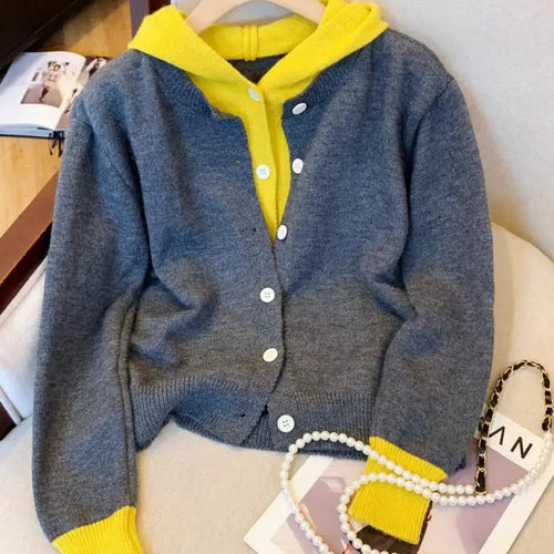 Load image into Gallery viewer, Korean Style Women's Patchwork Elegant Long Sleeve Knitted Tops Autumn Winter Vintage Single Breasted Hooded Sweater 2024 Trendy
