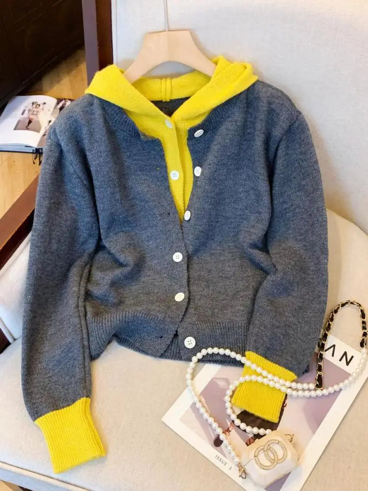 Korean Style Women's Patchwork Elegant Long Sleeve Knitted Tops Autumn Winter Vintage Single Breasted Hooded Sweater 2024 Trendy