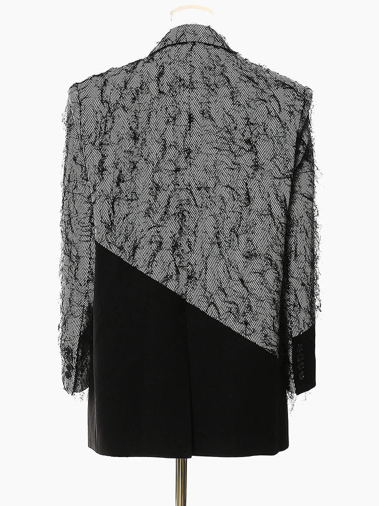 Women Black Color-block Tassels Big Size Blazer New Lapel Long Sleeve Loose Fit Jacket Fashion Spring Autumn 2025 1DH2129