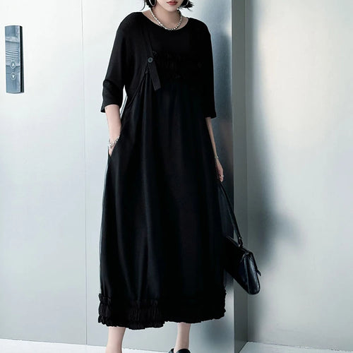 Load image into Gallery viewer, Women Black Ruffles Spliced Big Size Strap Dress New Square Collar Sleeveless Fashion Tide Spring Autumn 2025 1DJ1157
