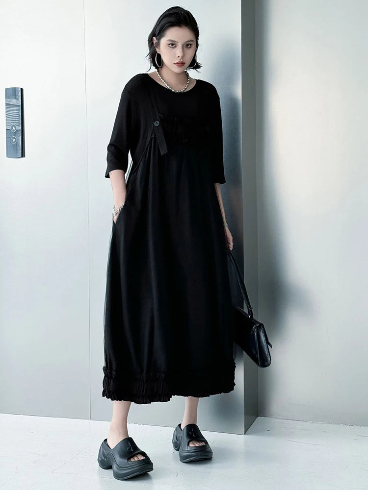 Women Black Ruffles Spliced Big Size Strap Dress New Square Collar Sleeveless Fashion Tide Spring Autumn 2025 1DJ1157