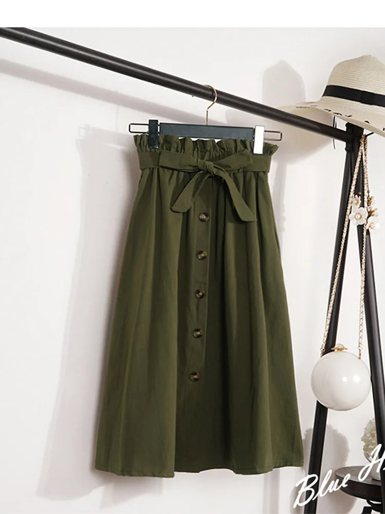 Summer Autumn Skirts Womens 2024 Midi Knee Length Korean Elegant Button High Waist Skirt Female Pleated School Skirt