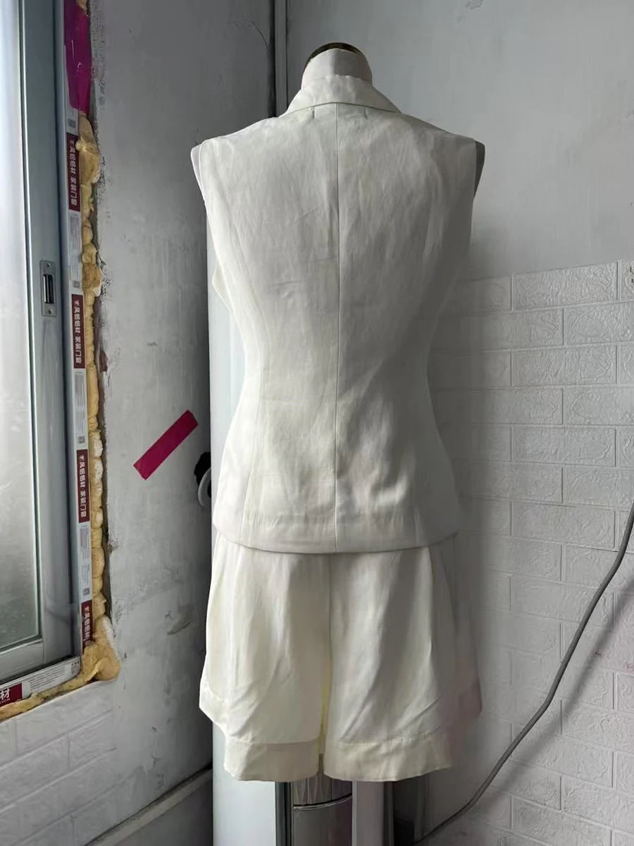 Solid Two Piece Set For Women V Neck Sleeveless Spliced Button Vest High Waist Shorts Slimming Sets Female Clothes