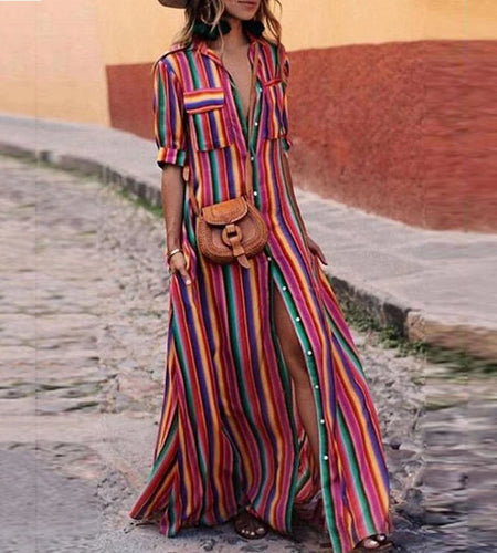 Summer Long Dress 2025 Women Split-joint Buttons Bohemia Vintage Loose Beach Vacation Striped Maxi Dresses for Woman