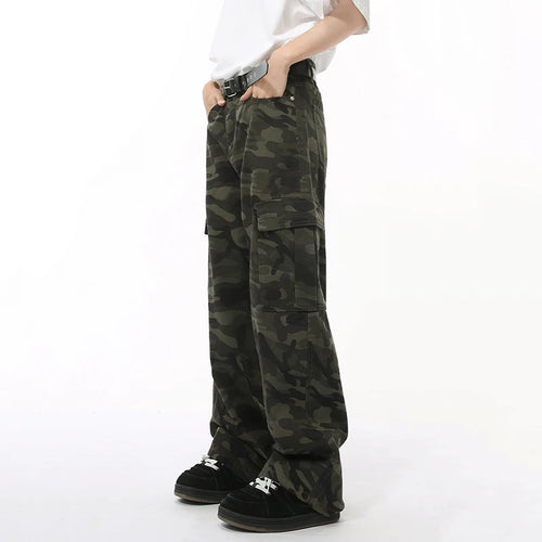 Load image into Gallery viewer, American Syle Men&#39;s Denim Pants Camouflage Big Pockets Vasual Washing Trousers Straight Wide Leg Loose Male Jeans 9C7508
