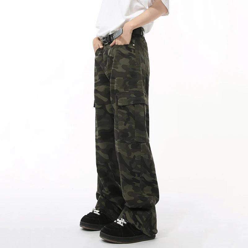 American Syle Men's Denim Pants Camouflage Big Pockets Vasual Washing Trousers Straight Wide Leg Loose Male Jeans 9C7508