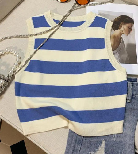 Vintage Chic Round-neck Striped Patchwork Knitted Sleeveless Women's Vest Korean Fashion Summer 2024 Female Clothing Tank Tops