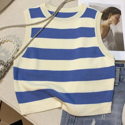 Load image into Gallery viewer, Vintage Chic Round-neck Striped Patchwork Knitted Sleeveless Women&#39;s Vest Korean Fashion Summer 2024 Female Clothing Tank Tops
