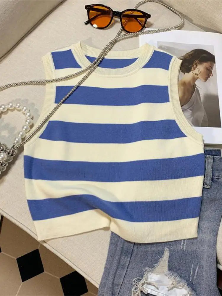 Vintage Chic Round-neck Striped Patchwork Knitted Sleeveless Women's Vest Korean Fashion Summer 2024 Female Clothing Tank Tops