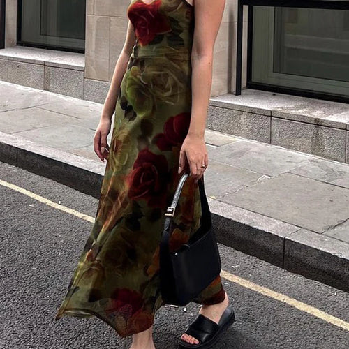 Load image into Gallery viewer, Spaghetti Strap Vintage Floral Printing Chiffon Dress Long Chic Fashion Holidays Maxi Dresses Women Double Layer
